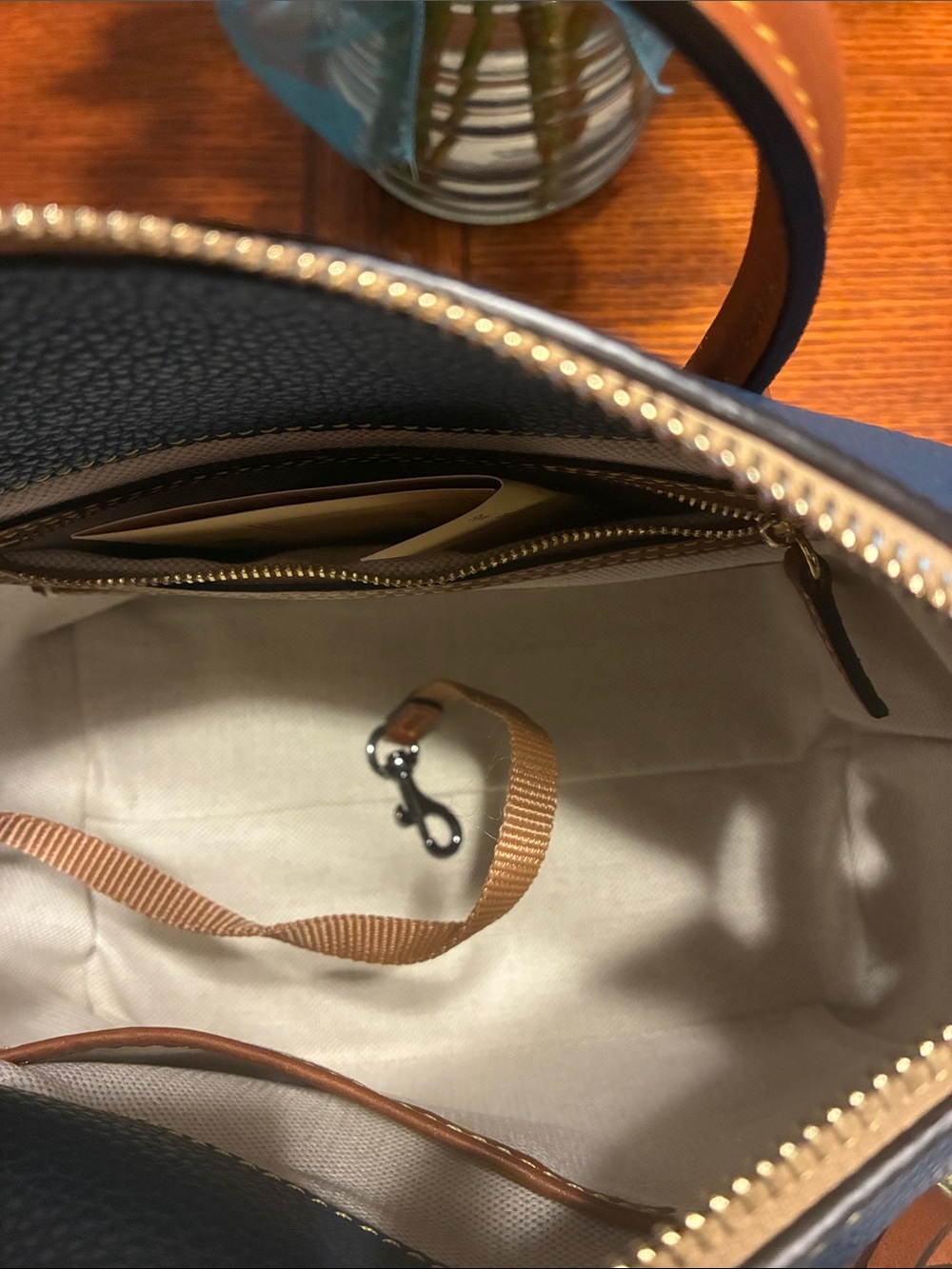 Dooney & Bourke Blue Pebbled Leather Satchel with Brown Trim and Gold Charm - Picture 6 of 9